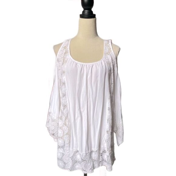 Solitaire Swim White Swimsuit Cover-Up w/Sheer Lace & Bell Sleeves (LG) - Picture 1 of 15